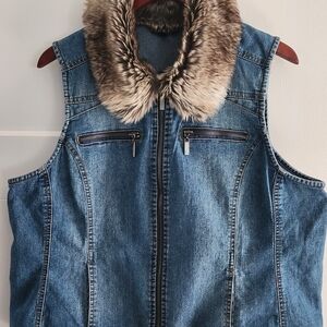 Baccini denim Zip Up vest with Removable fur collar 2x Y2K CUTE